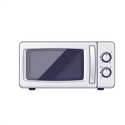 A white microwave with black buttons is ready to use