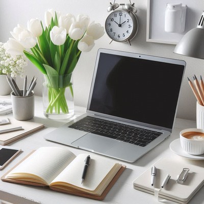 A white desk with a laptop, notebook, and flowers