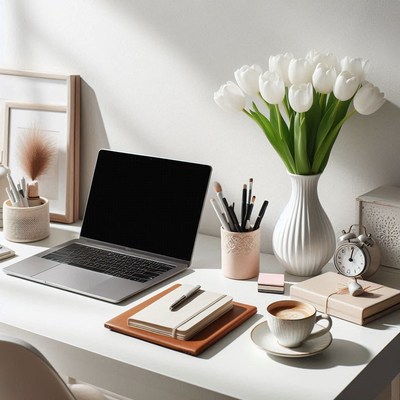 A white desk with a laptop, coffee, and flowers