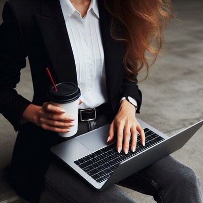A woman uses her laptop while holding a coffee cup