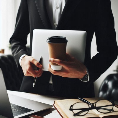 A businessman holds a laptop and coffee in an office
