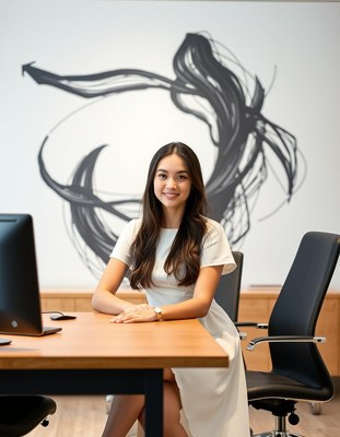 A woman sits at a desk in an office