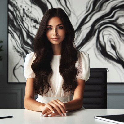 A woman with long dark hair sits at a desk