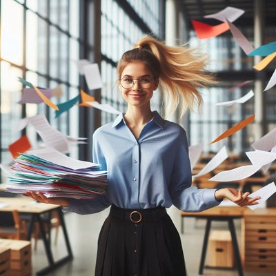 A woman in an office gathers flying papers