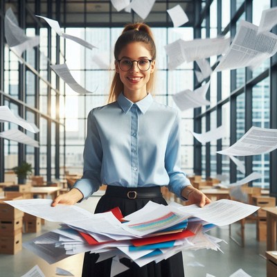 A woman smiles while holding a stack of papers in an office