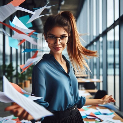 A woman with a ponytail and glasses smiles in an office