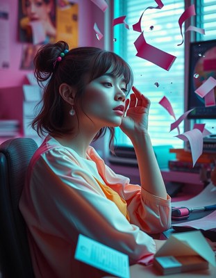 A woman rests her hand on her cheek at a desk