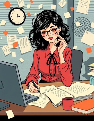 A woman writes in her notebook at her desk