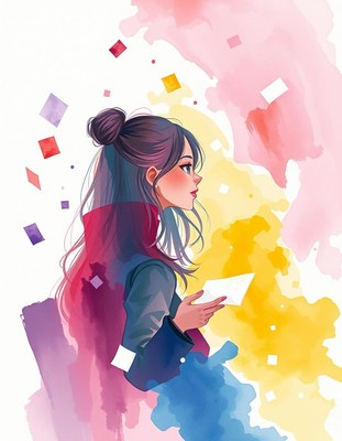 A girl with brown hair holds a piece of paper