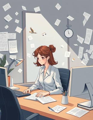 A woman works at her desk, surrounded by papers