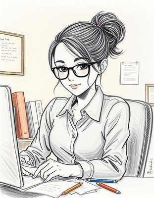 A woman works on her computer at her desk