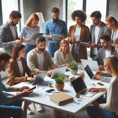 Coworkers collaborate on a project in a sleek office