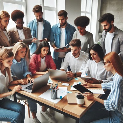 Young professionals collaborate on a project in office