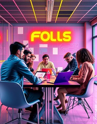 A team works on laptops in an office