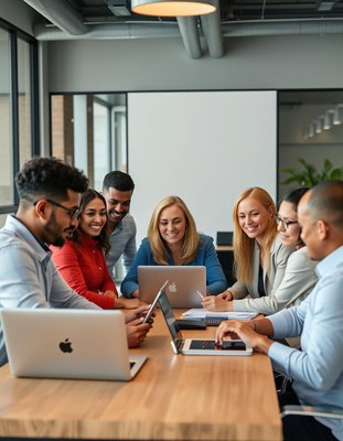 A group of colleagues work together at a table