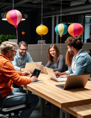 Coworkers collaborate on a project in a modern office
