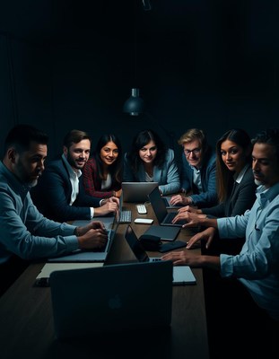 A group of people work late on laptops in an office