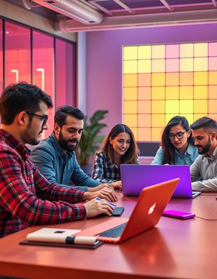 A group of people work on laptops in an office