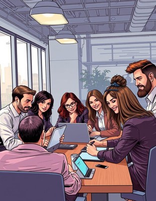 Business pros meet at a table in a modern office