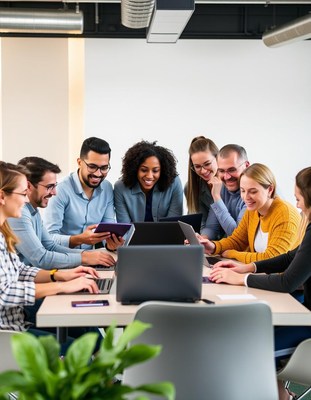 A group of people work together on laptops in an office