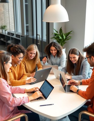A group of colleagues work on laptops in a modern office