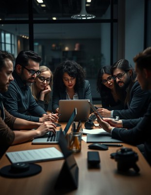 A team of professionals work late on a project