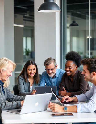 A group of colleagues work together on laptops in an office