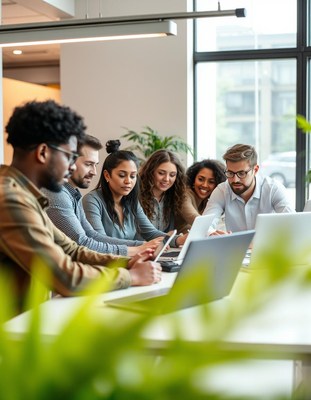 A group of people work on laptops in an office