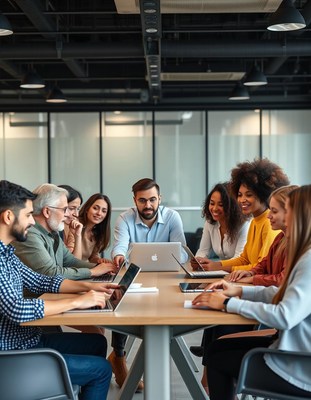 A group of people are working on laptops at a table