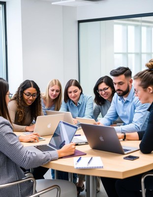 A group of people work on laptops in an office