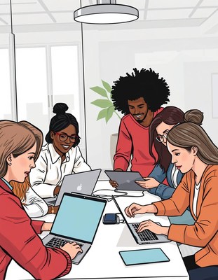 A team of four people work on laptops in an office