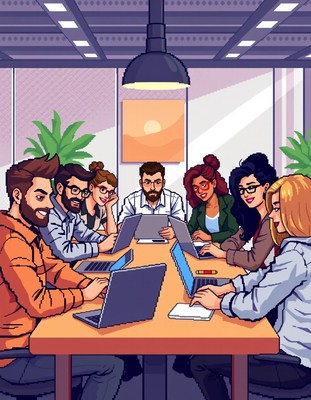 A group of people work on laptops in an office