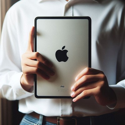 A person holds an ipad in front of them