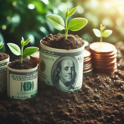 Plants grow from rolled up dollar bills