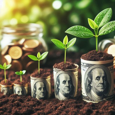 Plants growing out of rolled-up bills