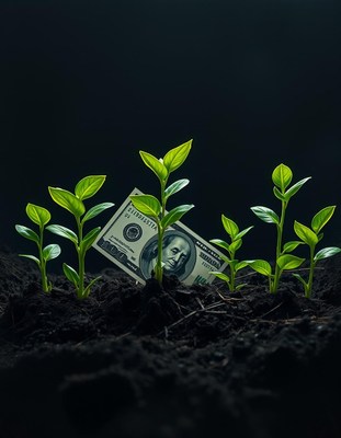 A dollar bill is buried in the soil next to growing plants