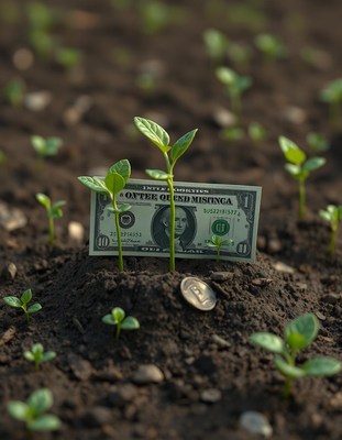 A dollar bill buried in soil with young plants