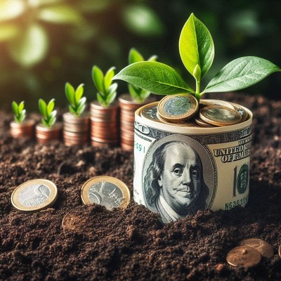 A plant grows from a stack of coins
