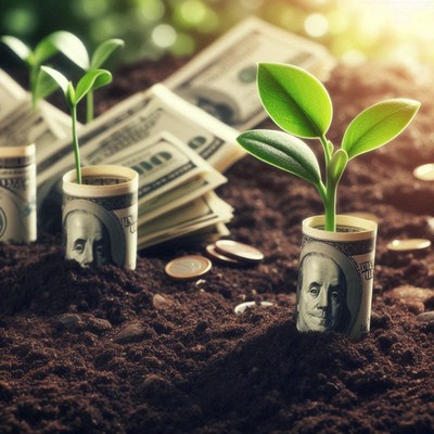 Green plants growing from rolled-up dollar bills