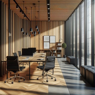 A modern office space with wooden walls and large windows