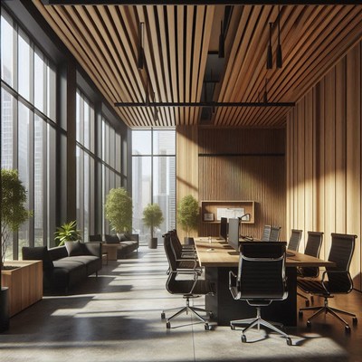 Modern office with wood ceiling and big windows