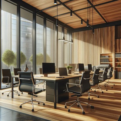 Modern conference room with big windows and wood ceiling