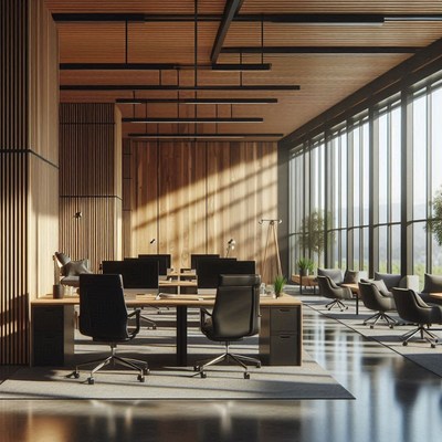 A modern office space with wooden walls and large windows