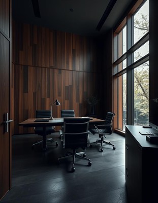 A modern office with wood paneling and a large window