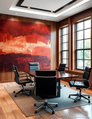 A modern office with a large abstract painting