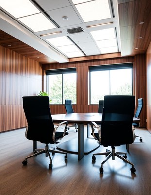 An office meeting room with a large table and chairs