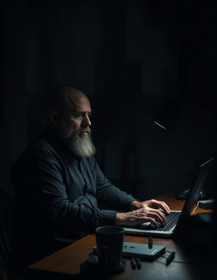 A man works late at night on his laptop