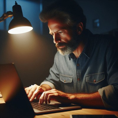 A man works late on his laptop