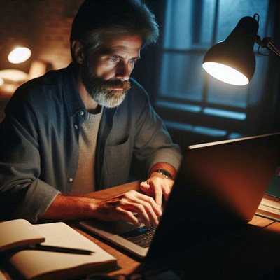 A man works late at night on his laptop