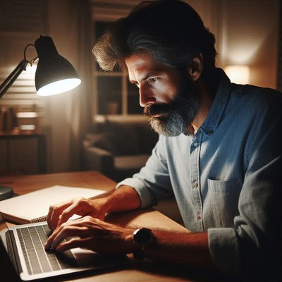A man works late at night on his laptop